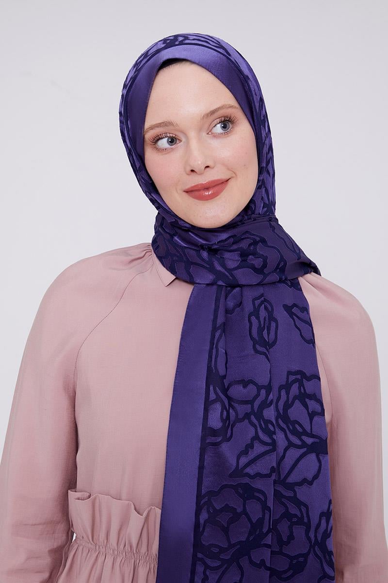 Fivescarf Lacivert Gül Desen Deluxe Devore Şal