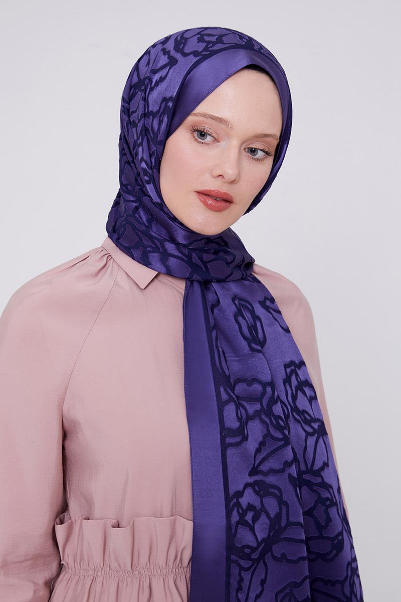 Fivescarf Lacivert Gül Desen Deluxe Devore Şal
