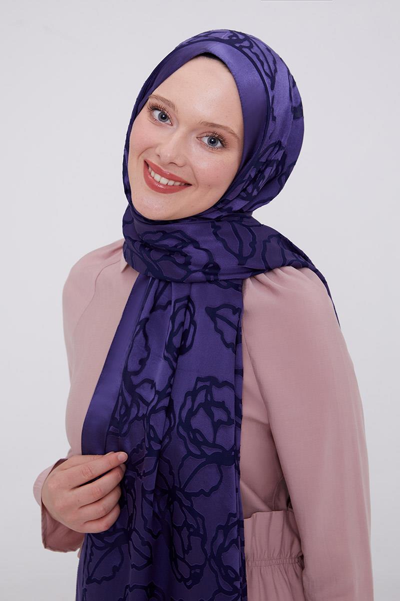 Fivescarf Lacivert Gül Desen Deluxe Devore Şal