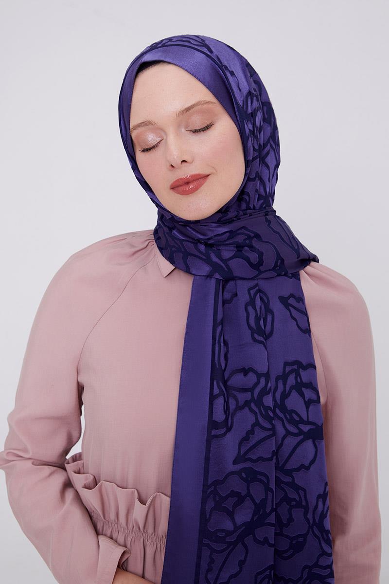 Fivescarf Lacivert Gül Desen Deluxe Devore Şal