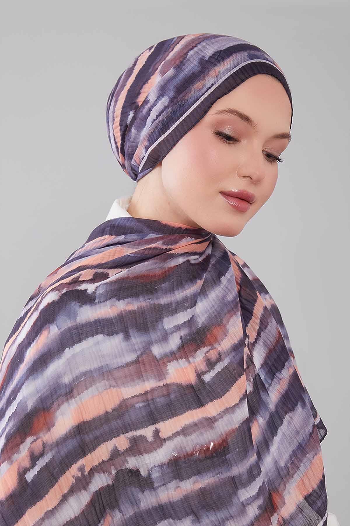 Fivescarf Lacivert Harmal Desen Müslin Cotton Şal