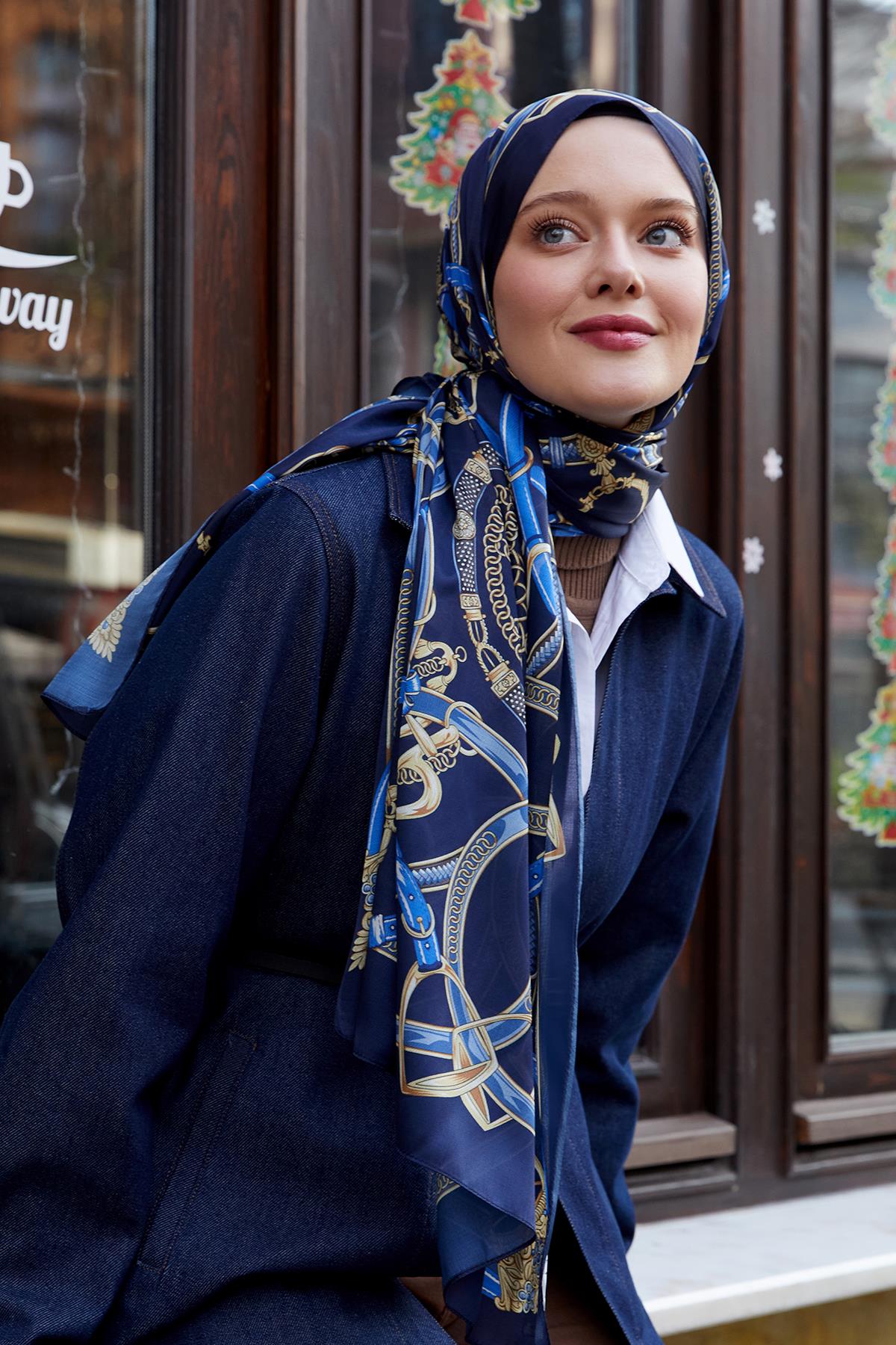 Fivescarf Lacivert Kemer Desen Vual İpek Şal