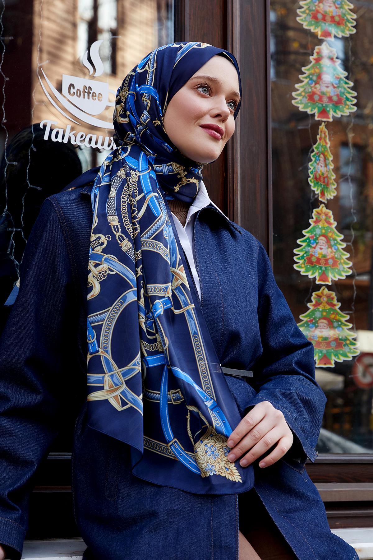 Fivescarf Lacivert Kemer Desen Vual İpek Şal