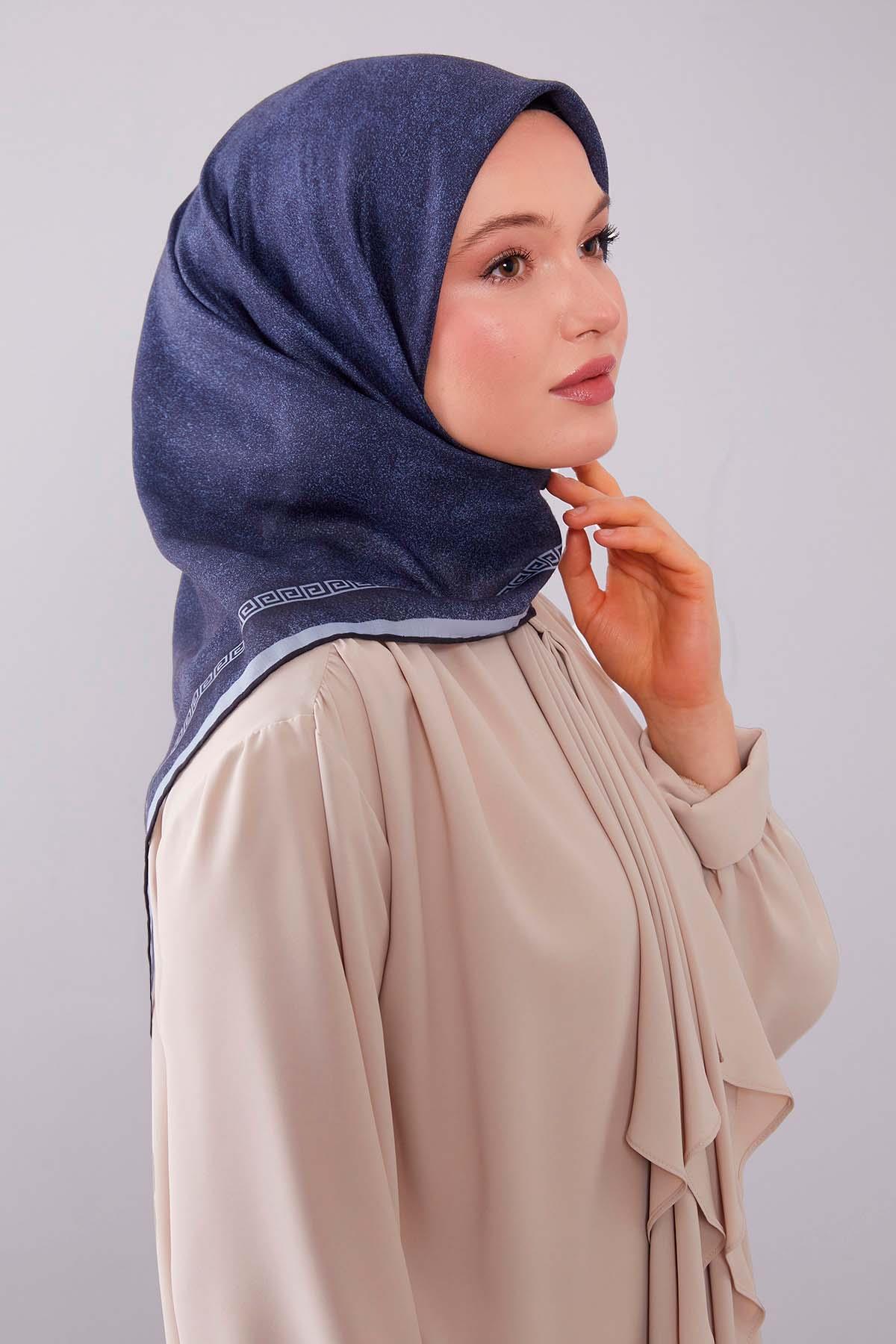 Fivescarf Lacivert Kenar Motifli Silk Cotton Eşarp