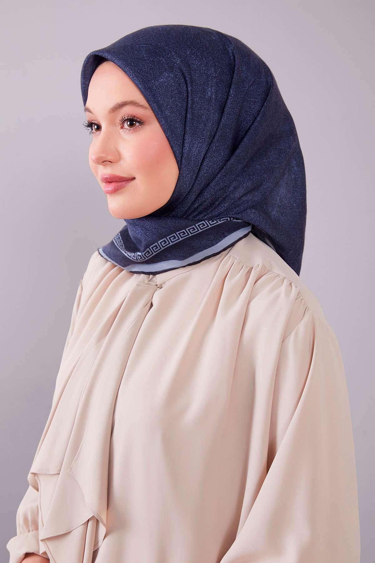 Fivescarf Lacivert Kenar Motifli Silk Cotton Eşarp