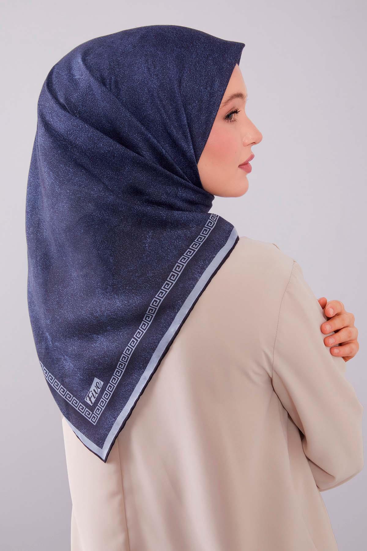 Fivescarf Lacivert Kenar Motifli Silk Cotton Eşarp