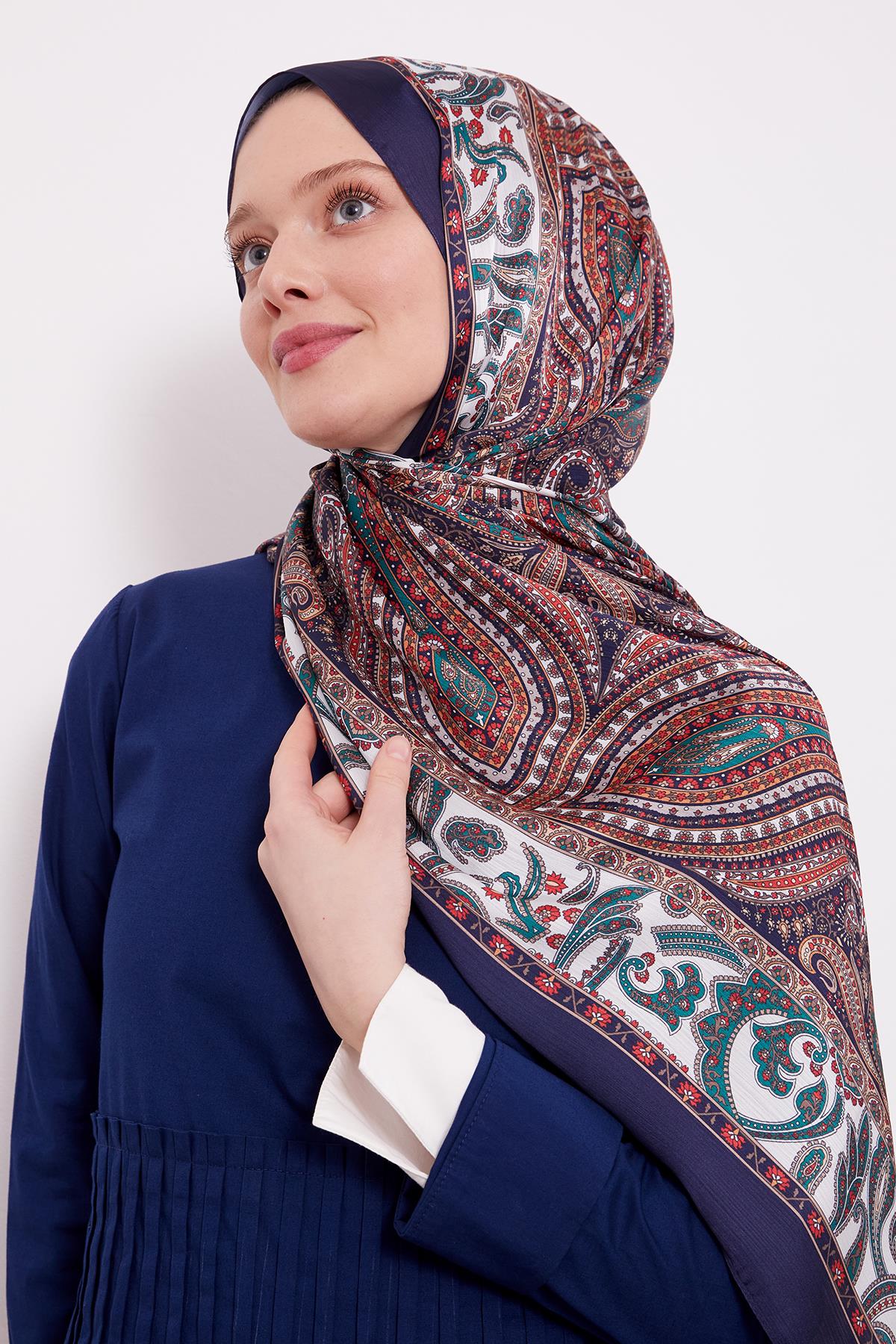 Fivescarf Lacivert-Kırmızı Etnik Desen Brand Şal
