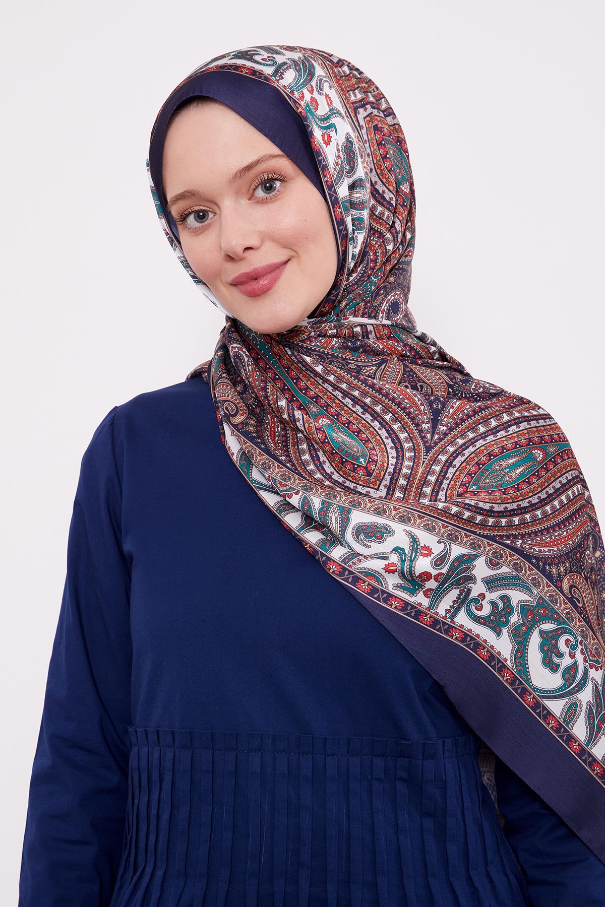 Fivescarf Lacivert-Kırmızı Etnik Desen Brand Şal