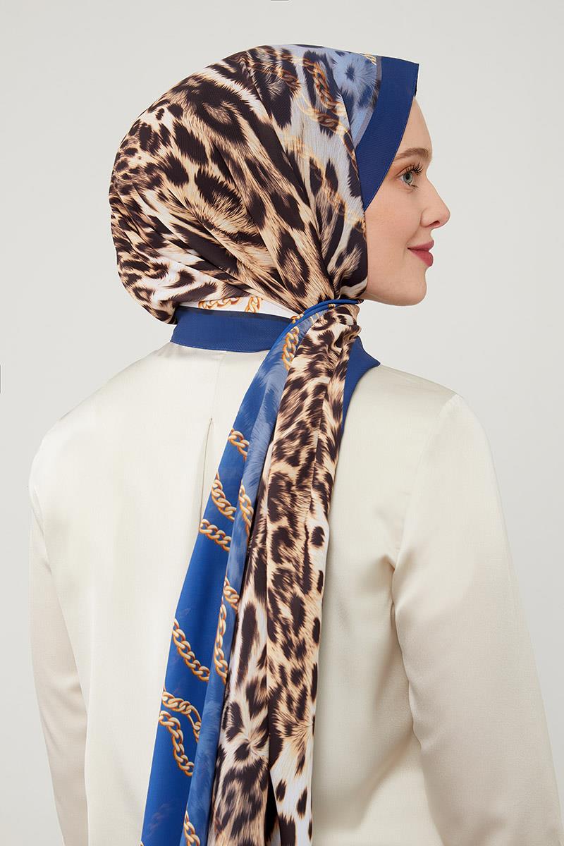 Fivescarf Lacivert Leopar Desen Violet Medine İpeği Şal
