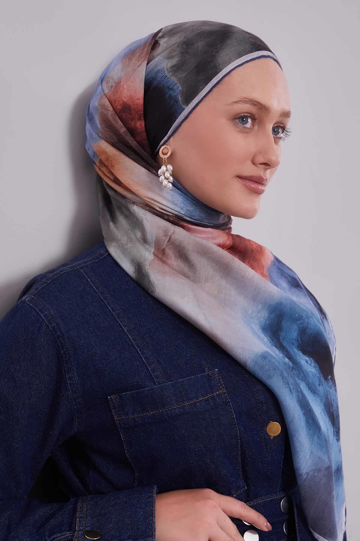 Fivescarf Lacivert Lotus Çiçeği Silk Coton Eşarp