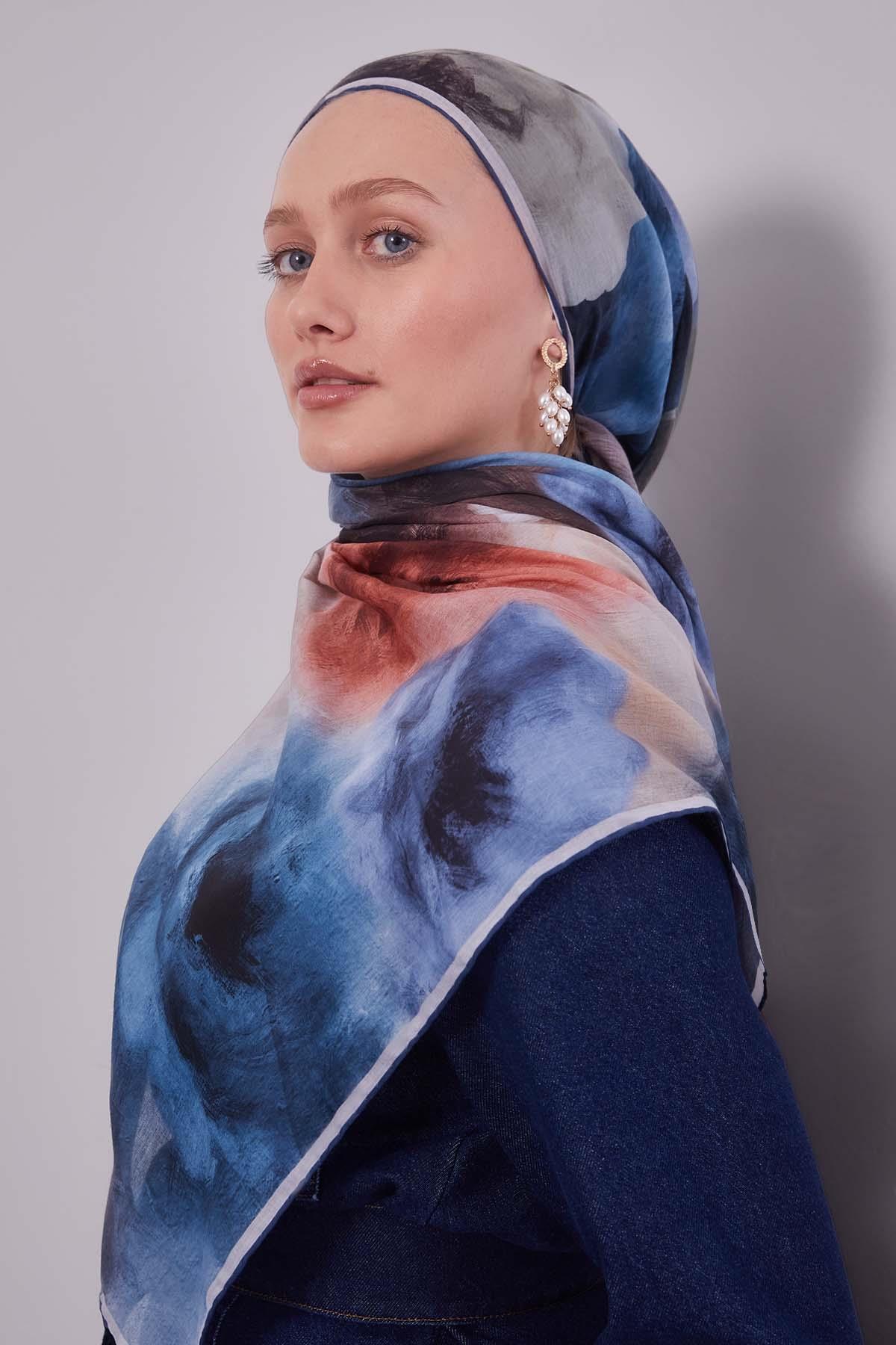 Fivescarf Lacivert Lotus Çiçeği Silk Coton Eşarp
