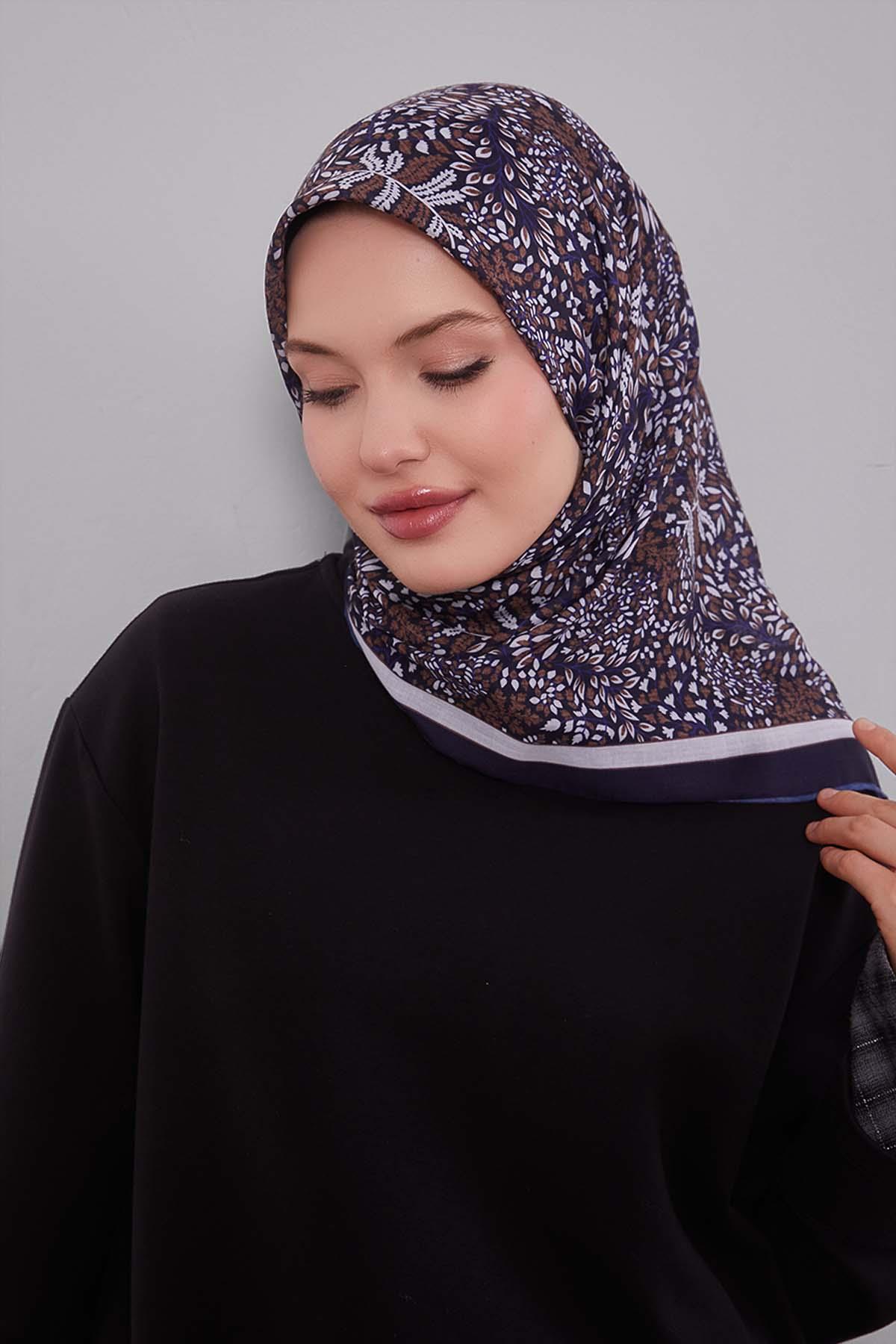 Fivescarf Lacivert Mini Yaprak Desen Silk Coton Eşarp
