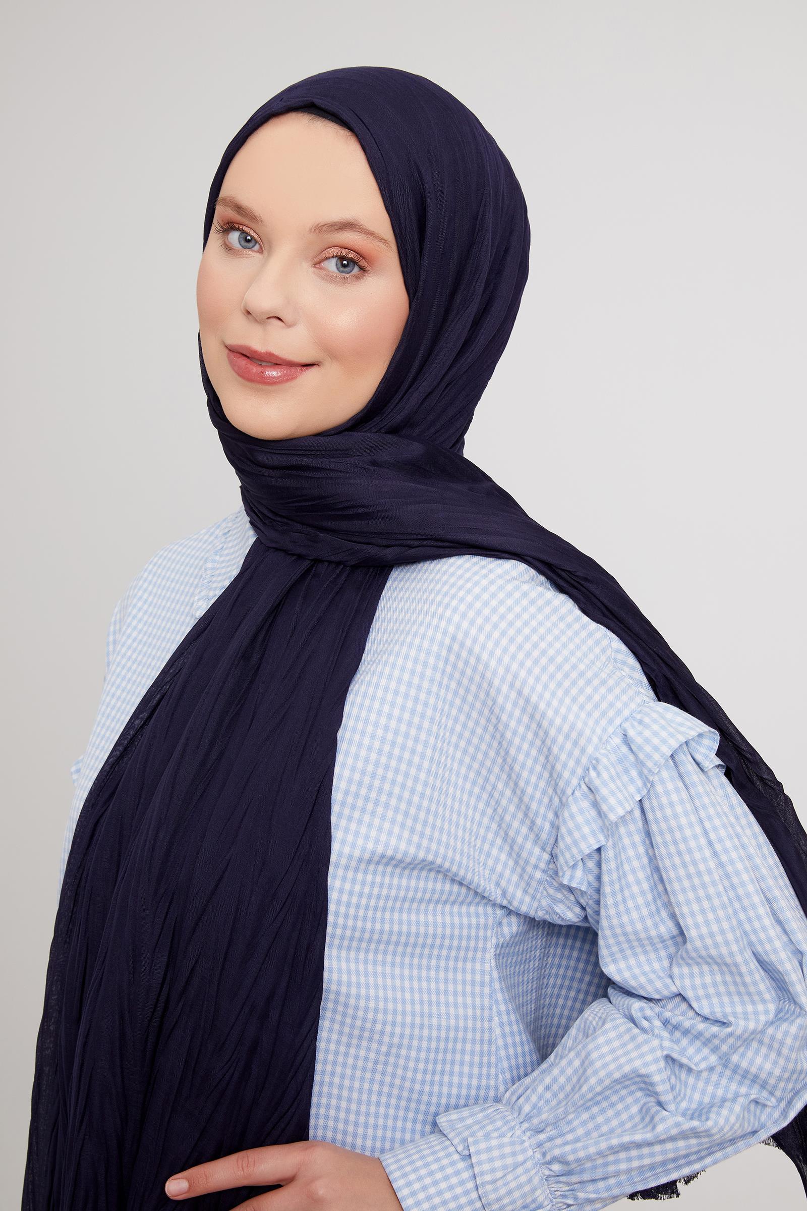 Fivescarf Lacivert Pliseli Pamuklu Şal