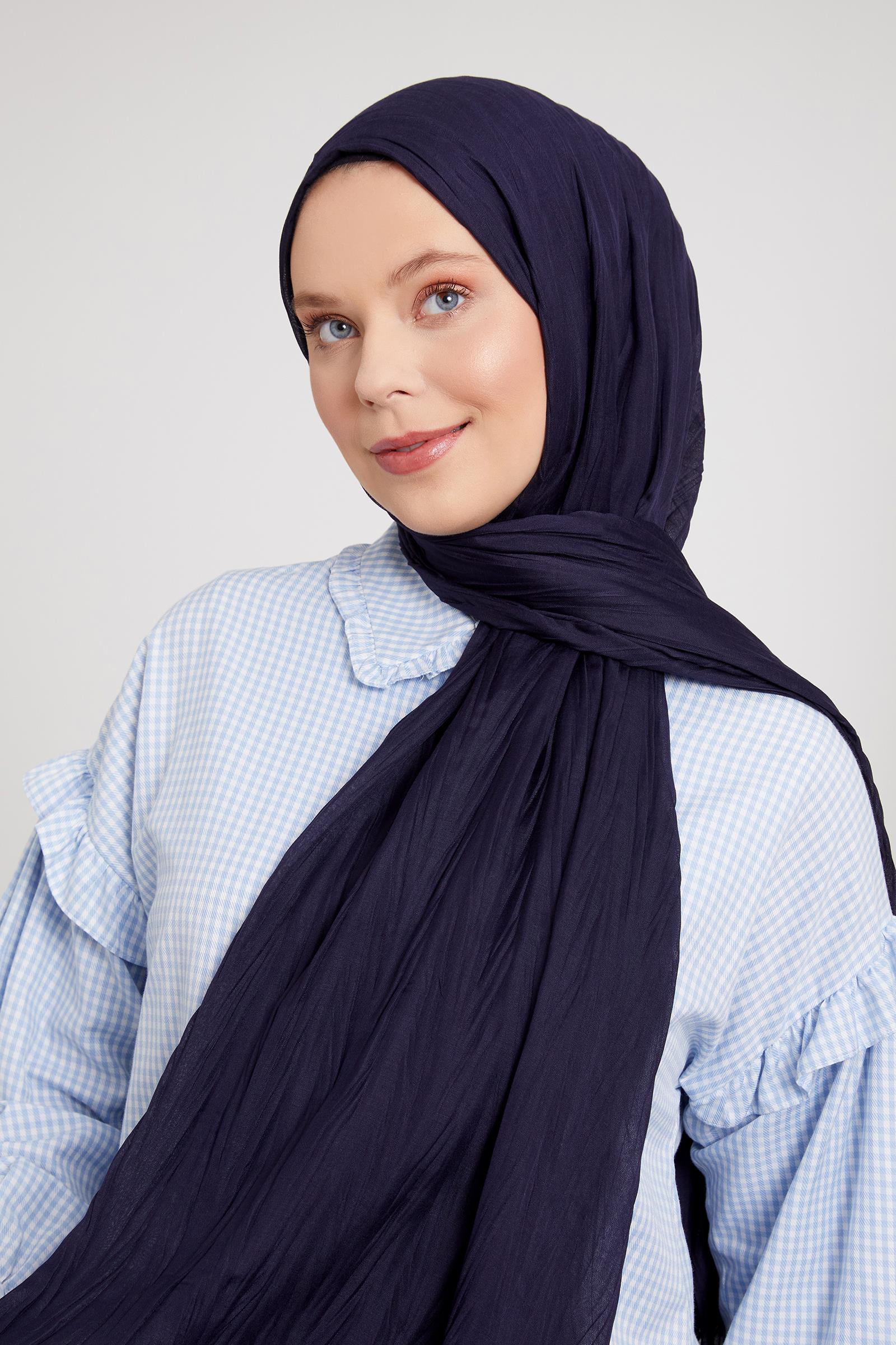 Fivescarf Lacivert Pliseli Pamuklu Şal