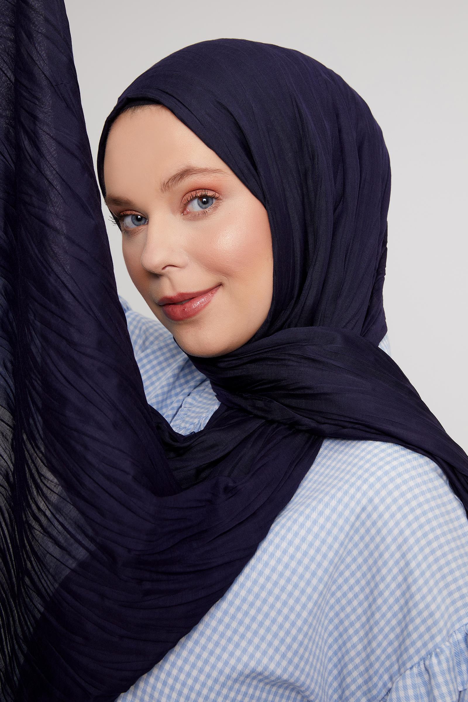 Fivescarf Lacivert Pliseli Pamuklu Şal