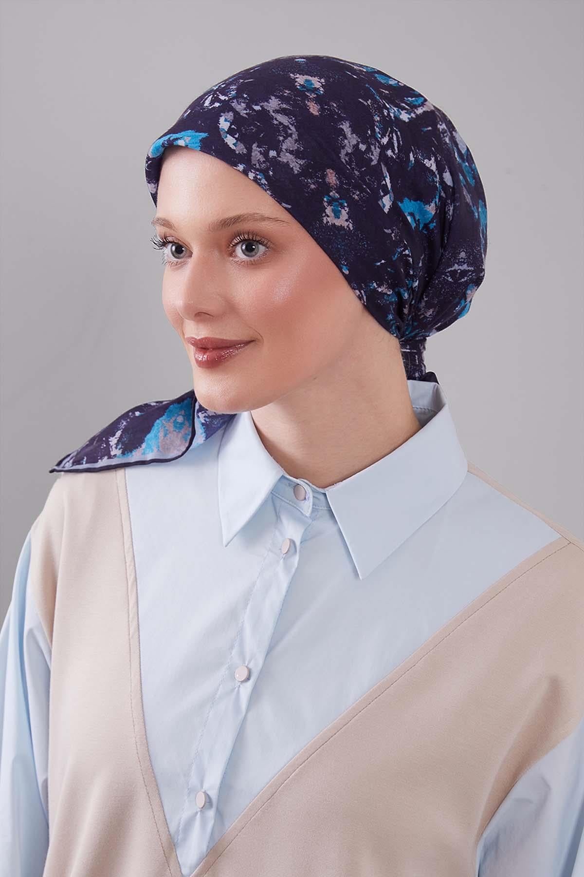 Fivescarf Lacivert Retro Çiçek Desen Silk Coton Eşarp