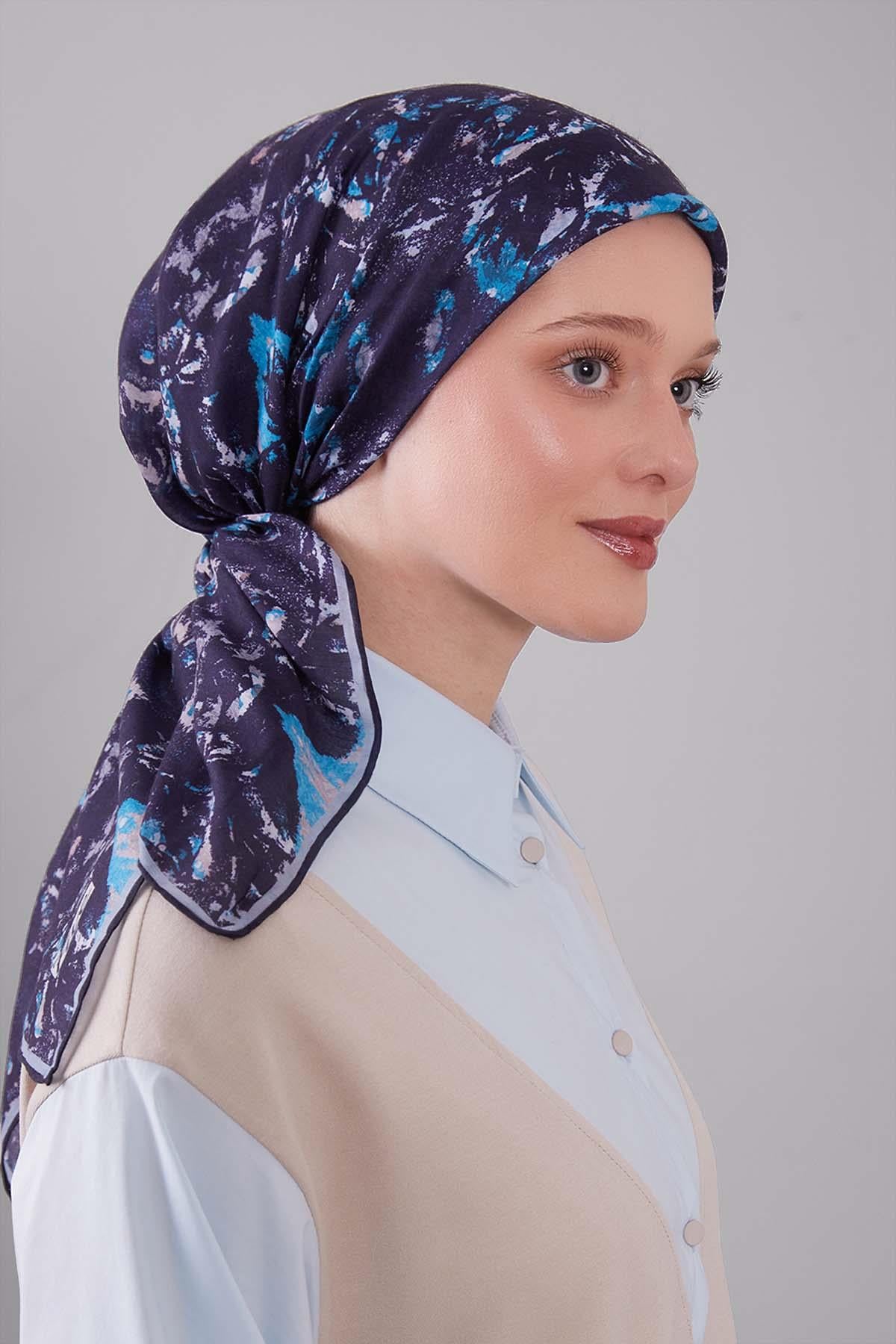 Fivescarf Lacivert Retro Çiçek Desen Silk Coton Eşarp