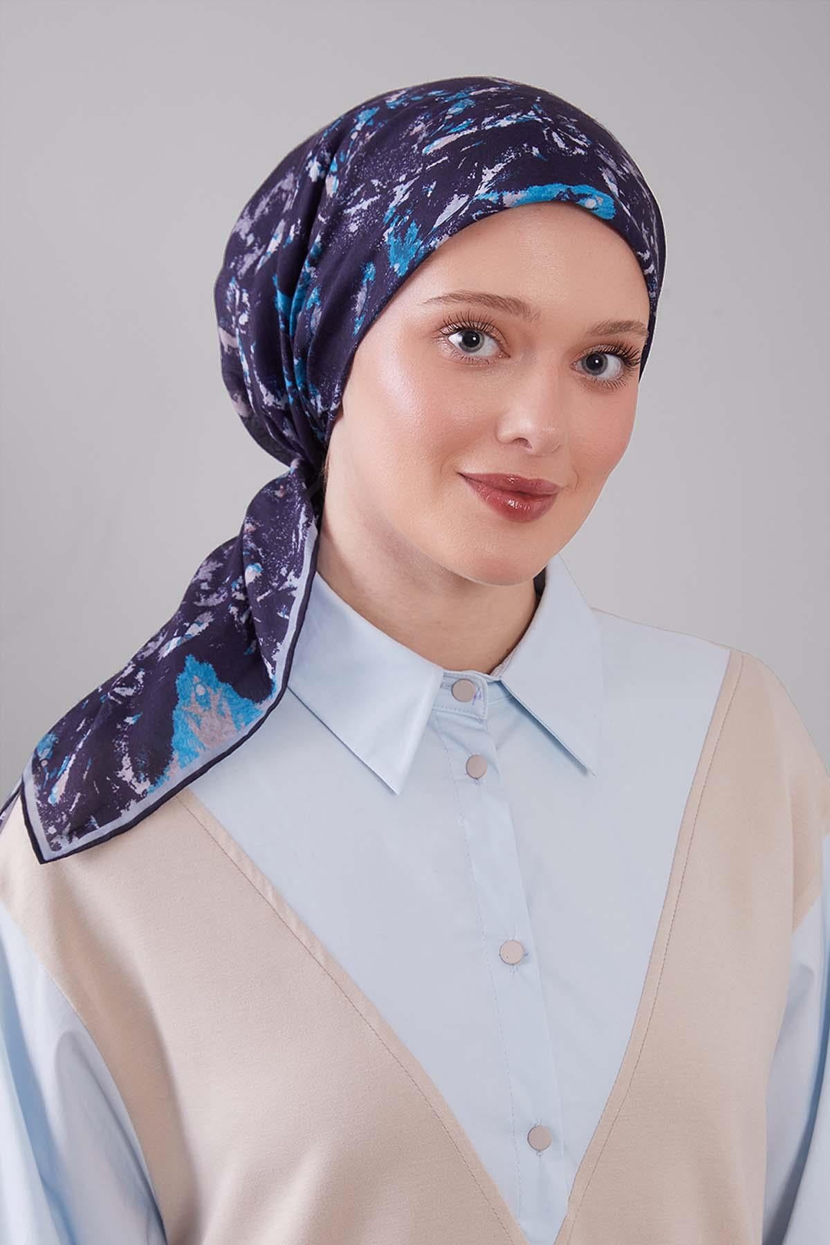 Fivescarf Lacivert Retro Çiçek Desen Silk Coton Eşarp