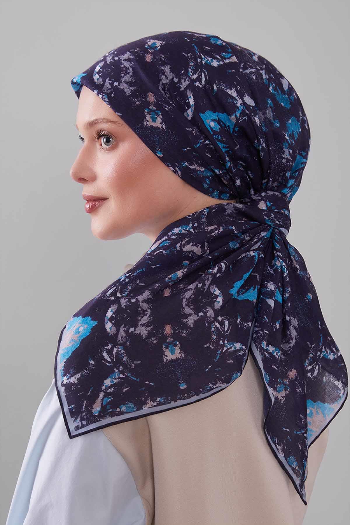 Fivescarf Lacivert Retro Çiçek Desen Silk Coton Eşarp