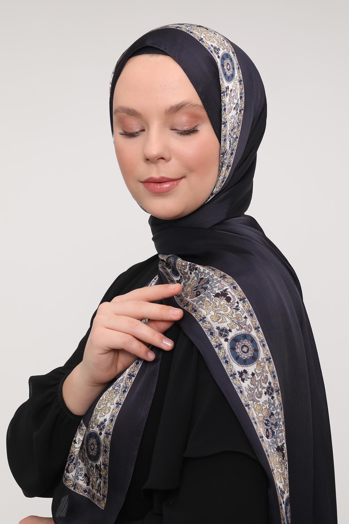 Fivescarf Lacivert Şeritli Etnik Desen Brand Şal