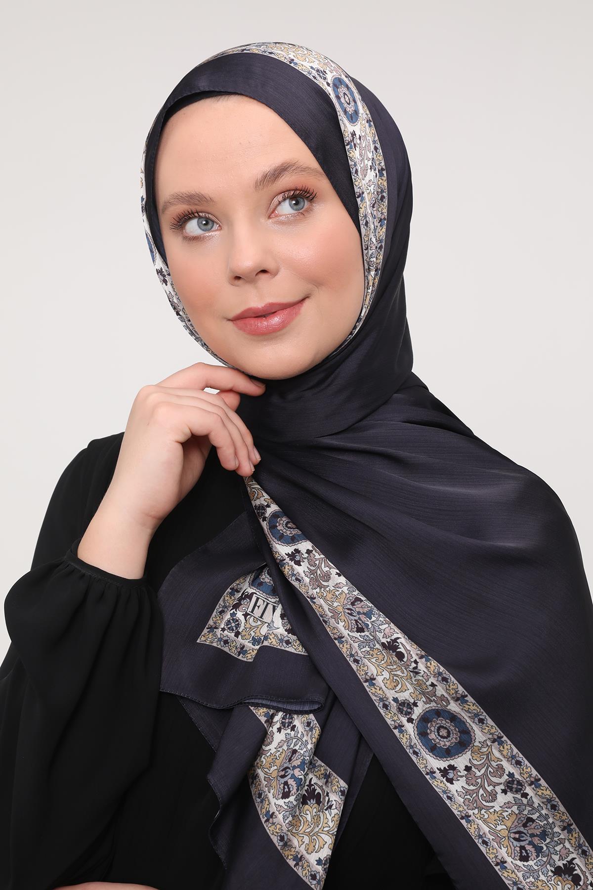 Fivescarf Lacivert Şeritli Etnik Desen Brand Şal
