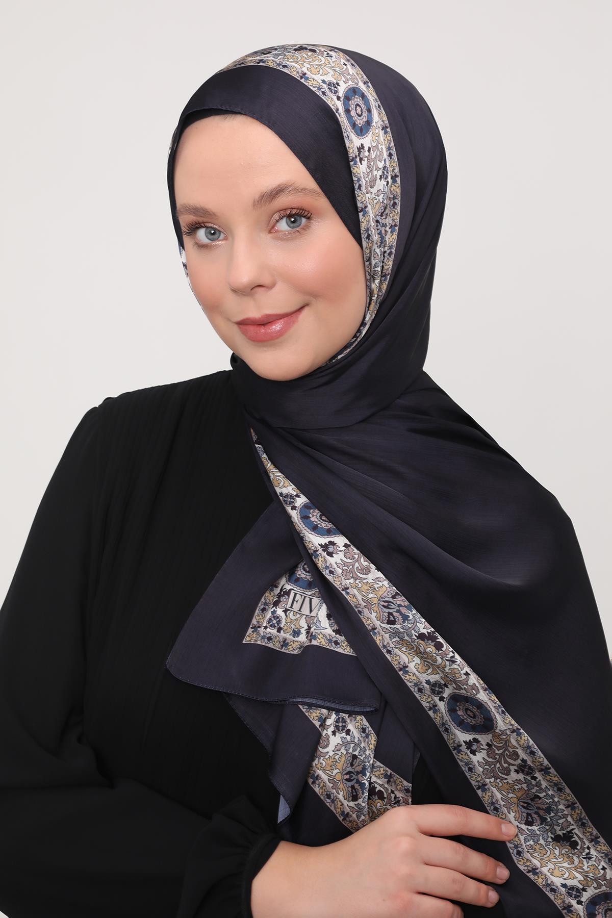 Fivescarf Lacivert Şeritli Etnik Desen Brand Şal