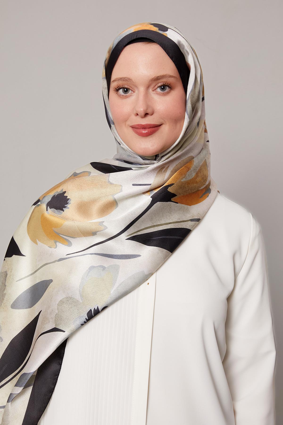 Fivescarf Lacivert Somut Çiçek Desenli Vual İpek Şal