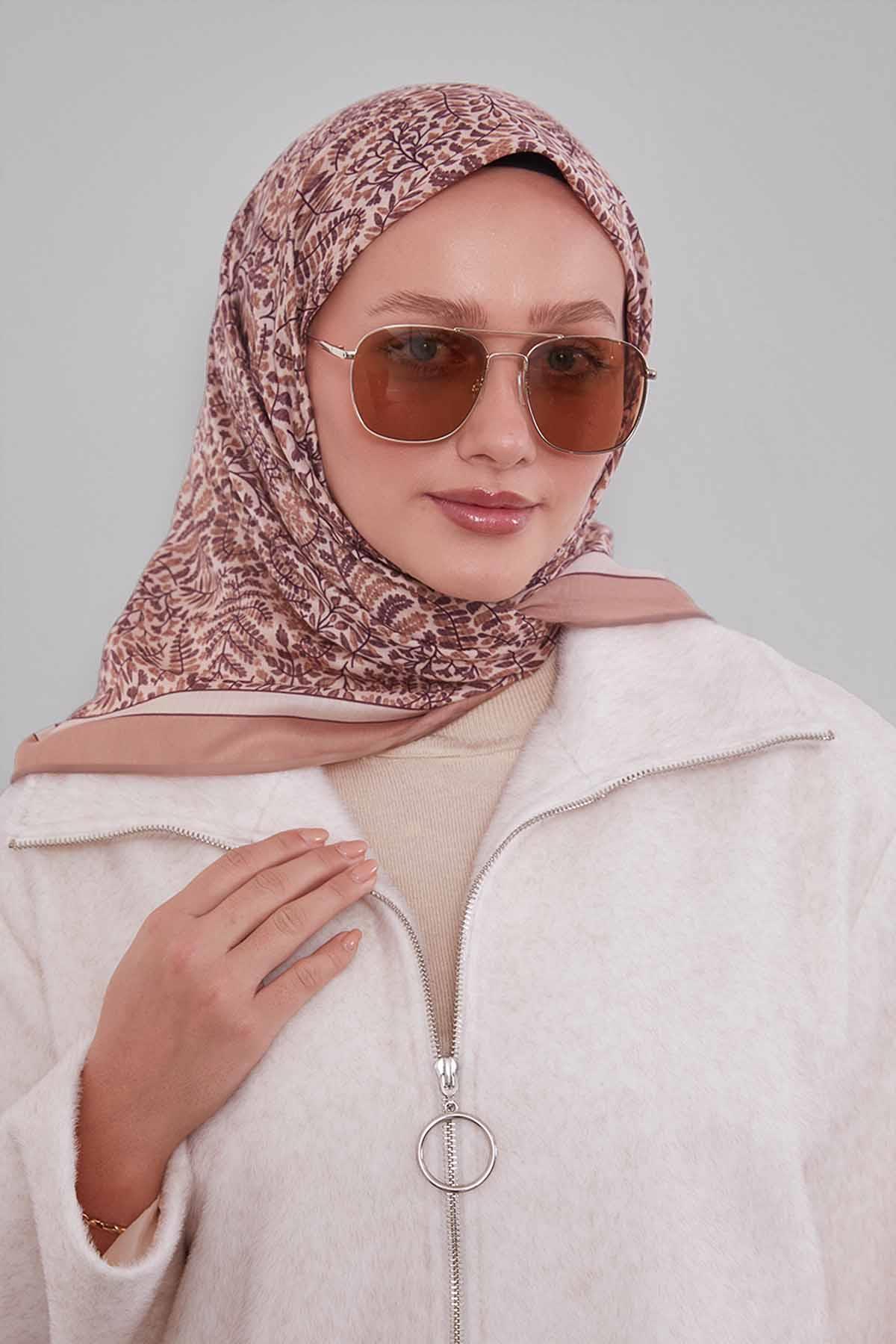 Fivescarf Latte Mini Yaprak Desen Silk Coton Eşarp