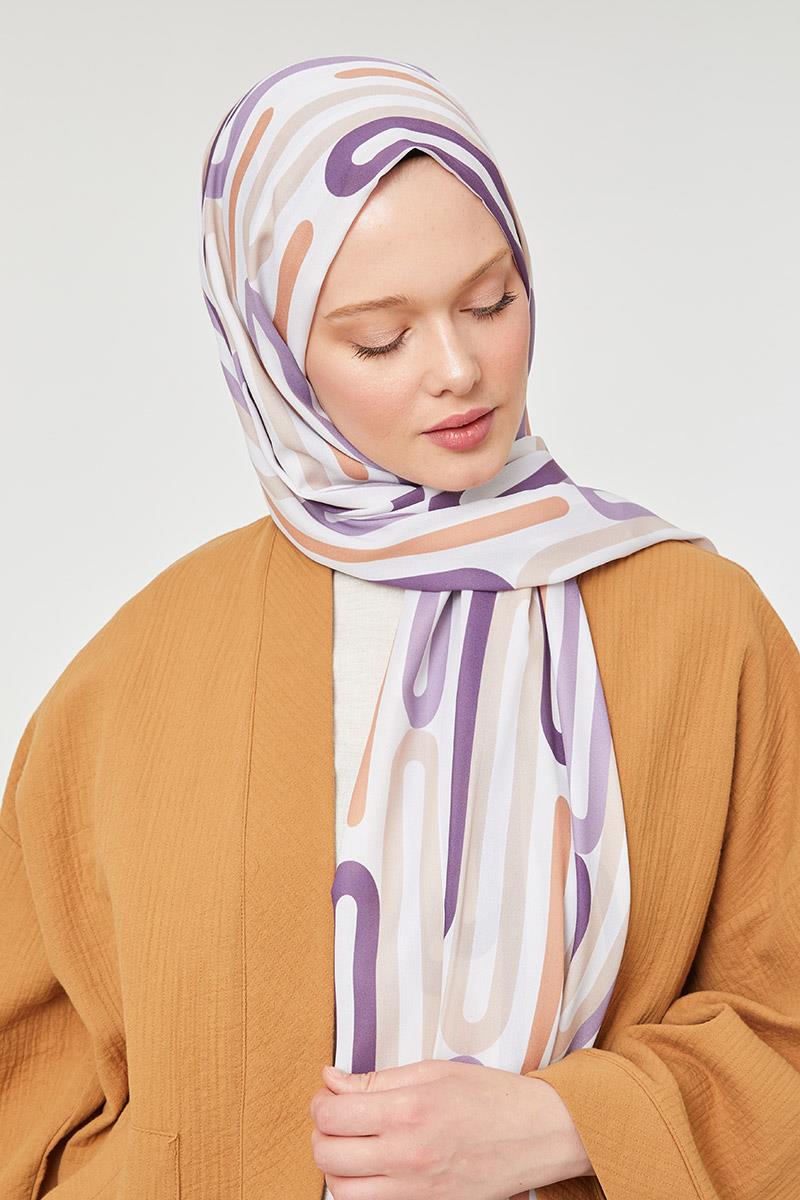 Fivescarf Lila Ataç Desen Mono Krep Şal