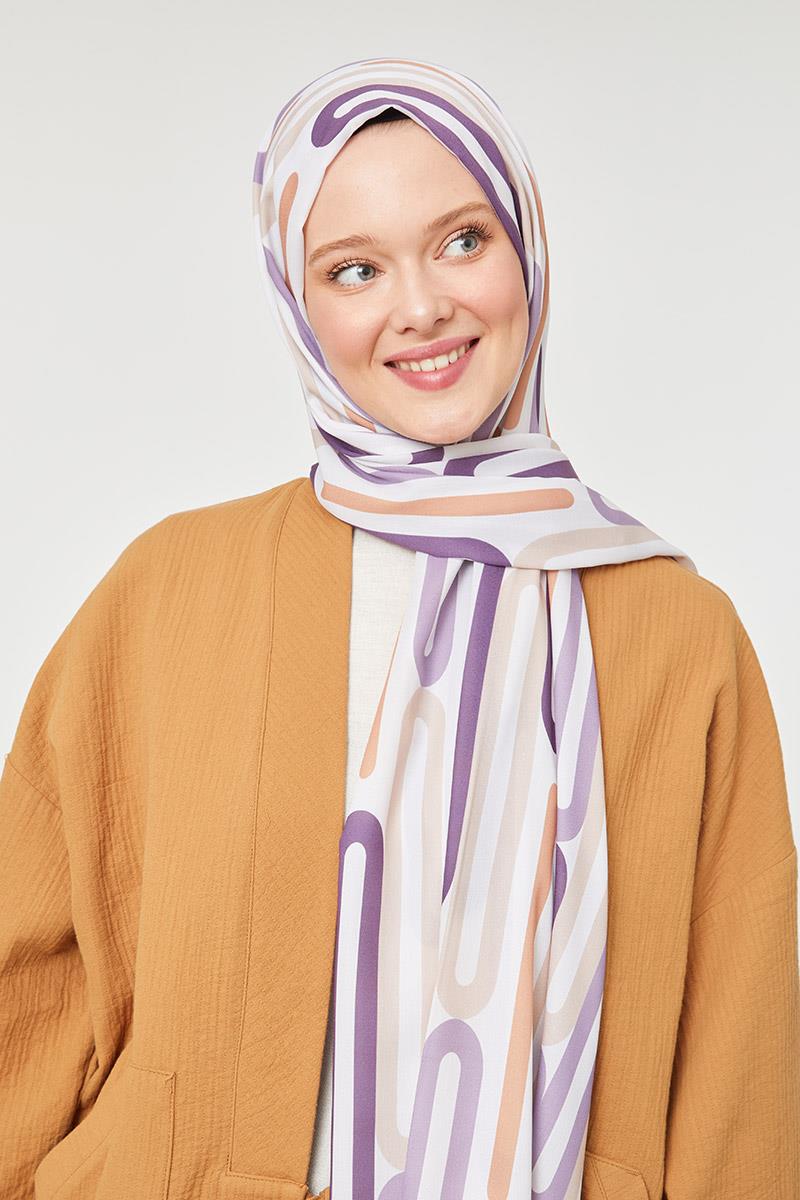 Fivescarf Lila Ataç Desen Mono Krep Şal