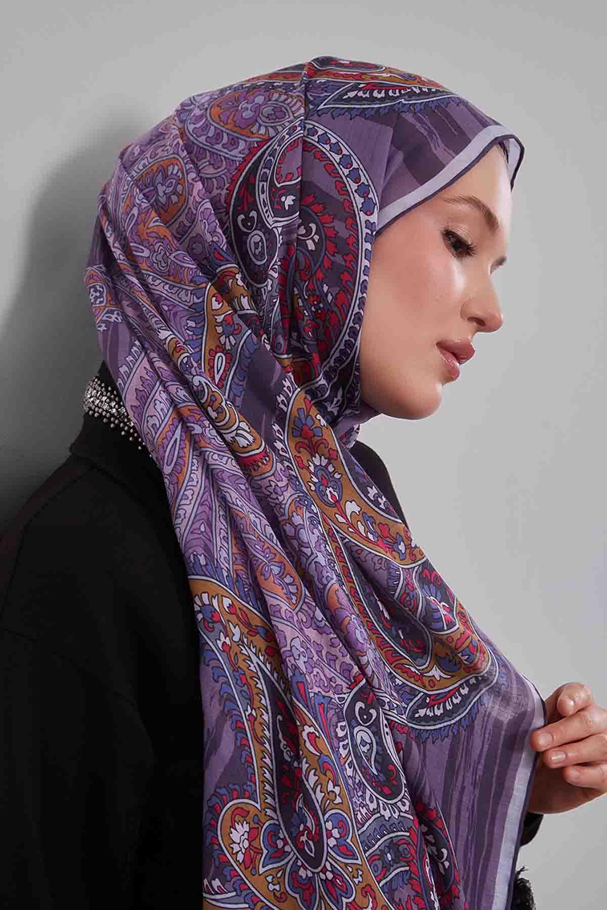 Fivescarf Lila Ebruli Desen Silk Coton Eşarp