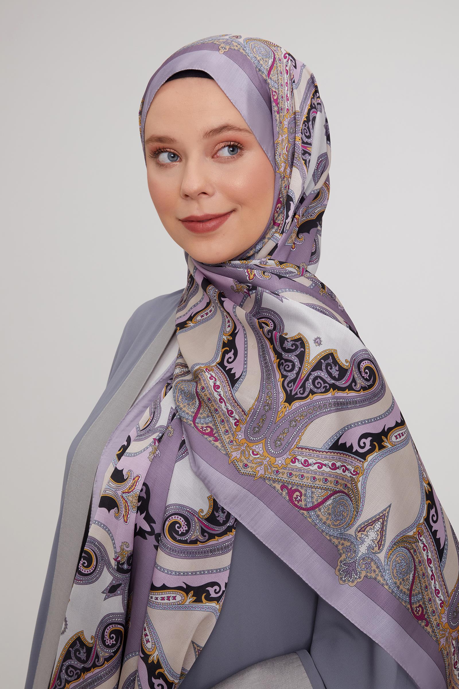 Fivescarf Lila Etnik Çini Desen Vual İpek Şal