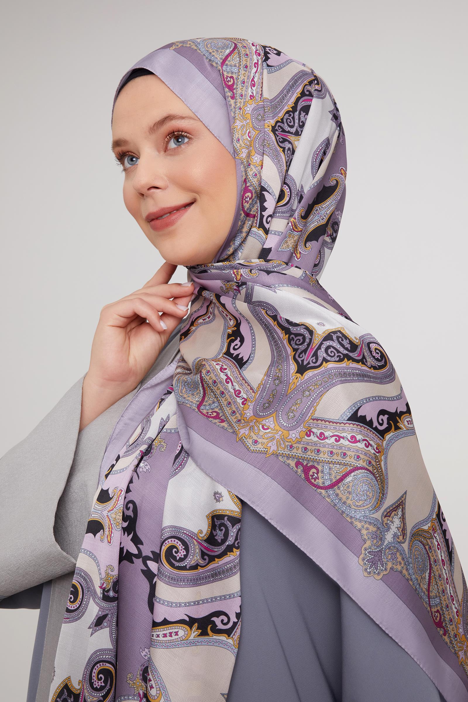 Fivescarf Lila Etnik Çini Desen Vual İpek Şal