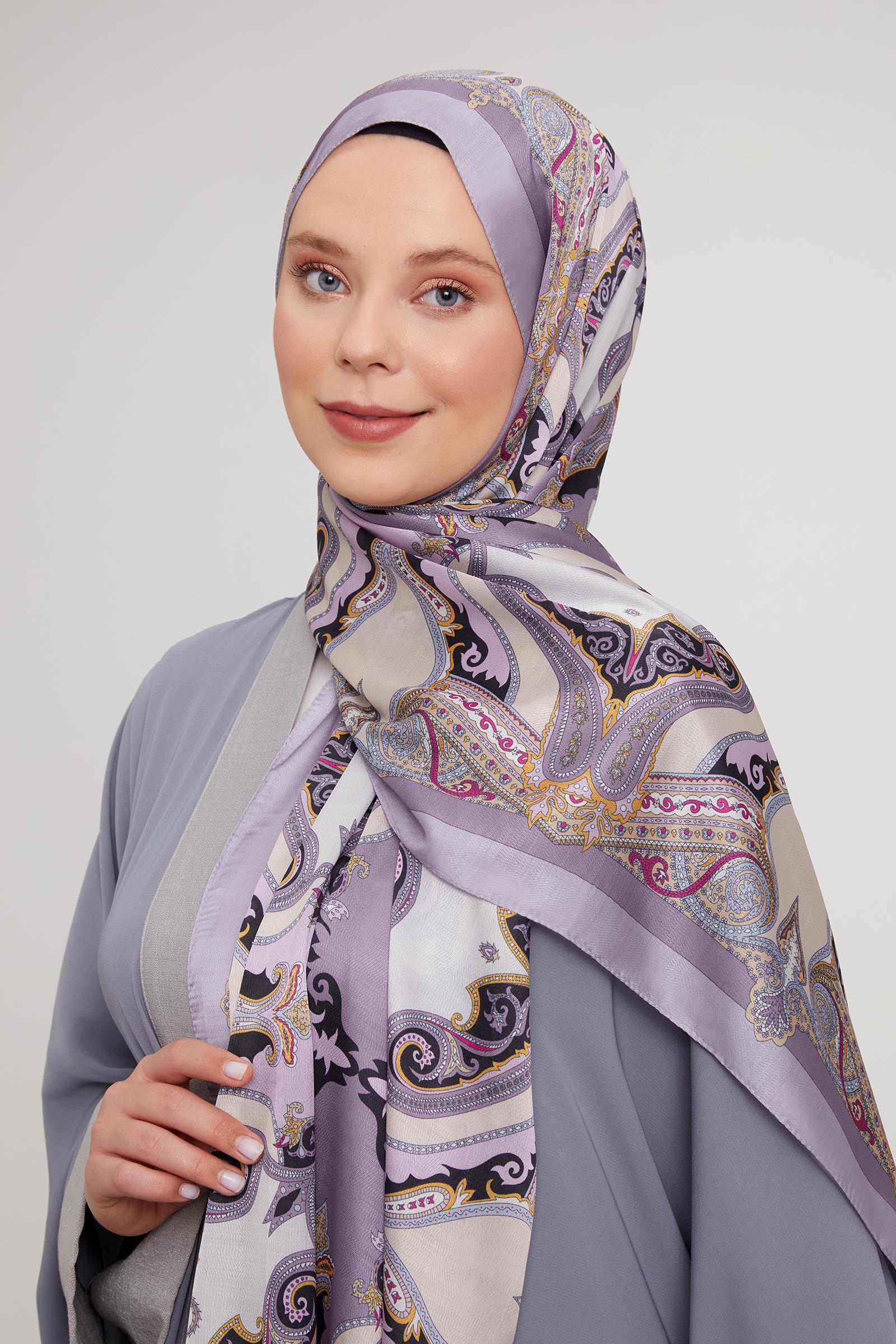 Fivescarf Lila Etnik Çini Desen Vual İpek Şal