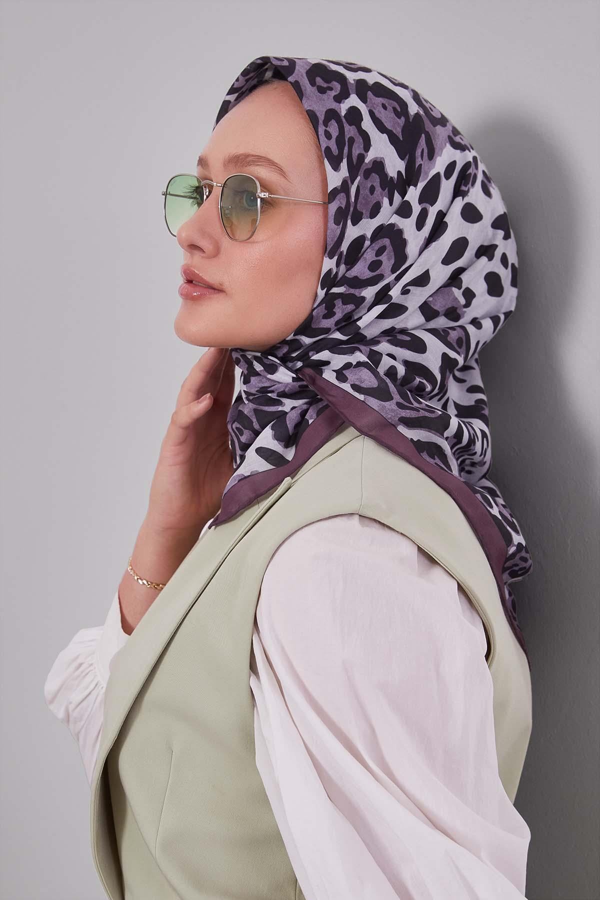Fivescarf Lila Leopar Desen Silk Coton Eşarp
