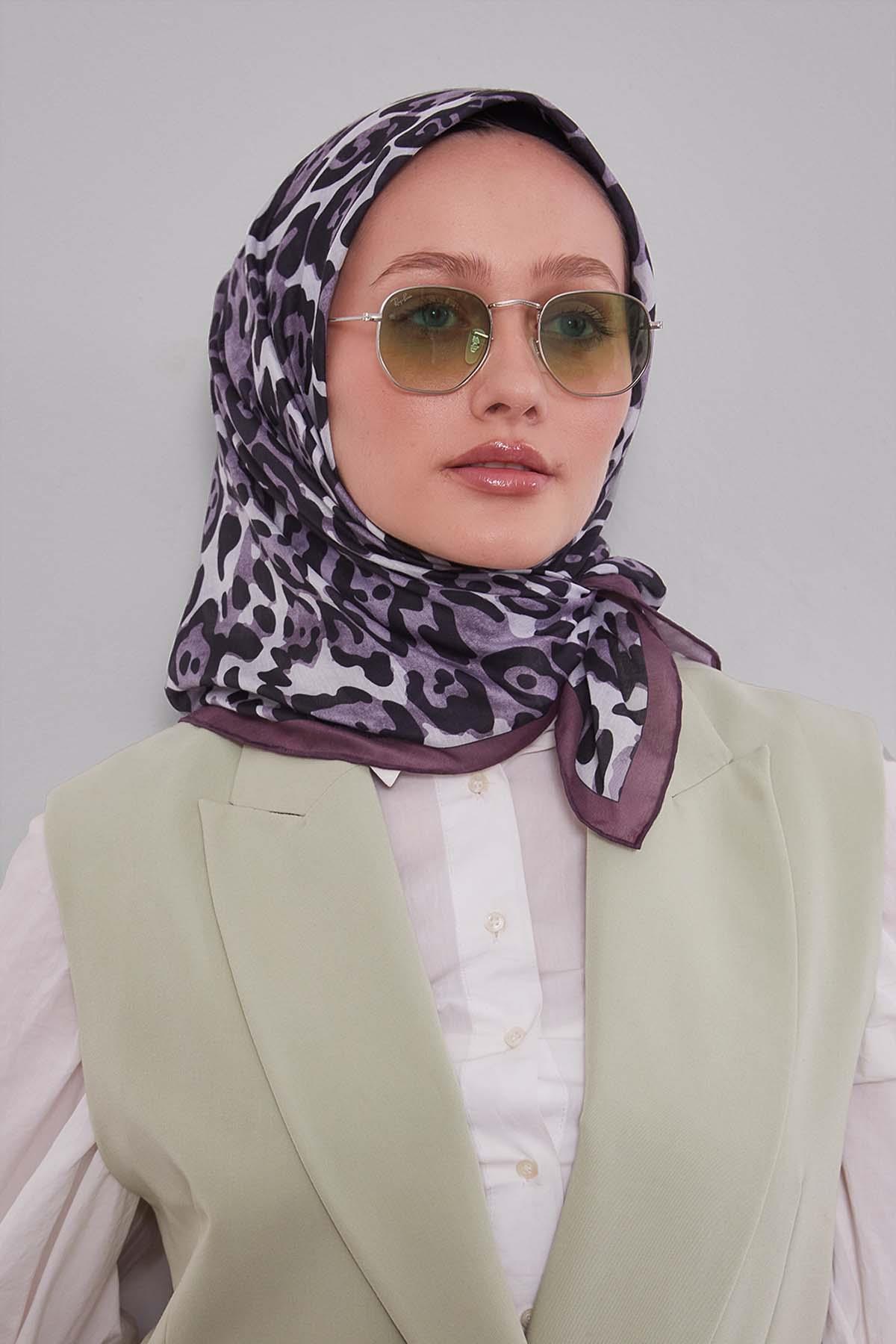 Fivescarf Lila Leopar Desen Silk Coton Eşarp