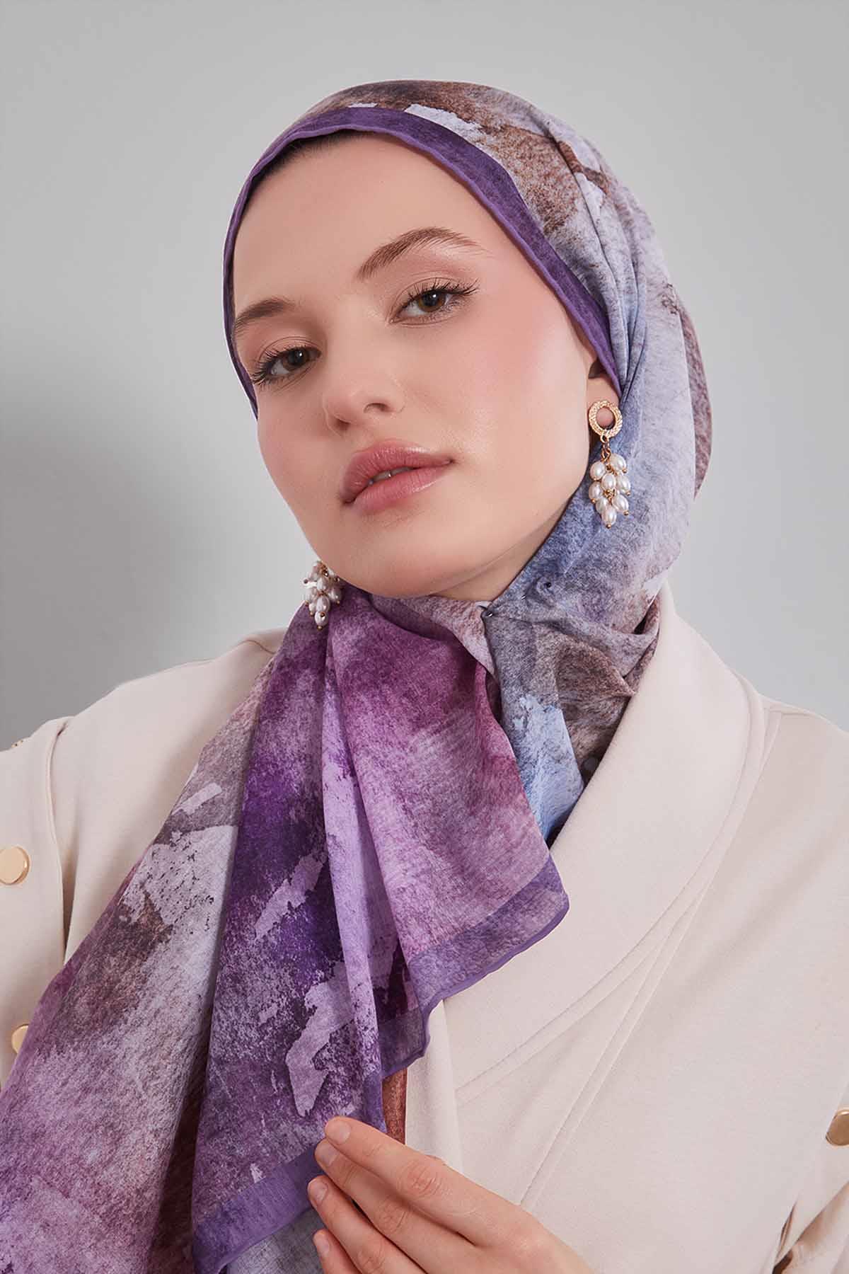 Fivescarf Lila Soyut Desen Silk Coton Eşarp