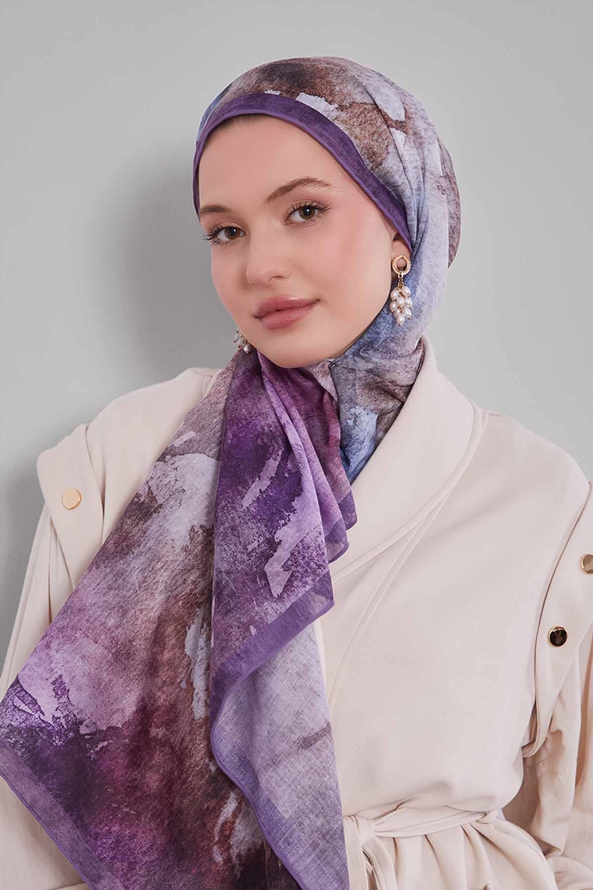 Fivescarf Lila Soyut Desen Silk Coton Eşarp