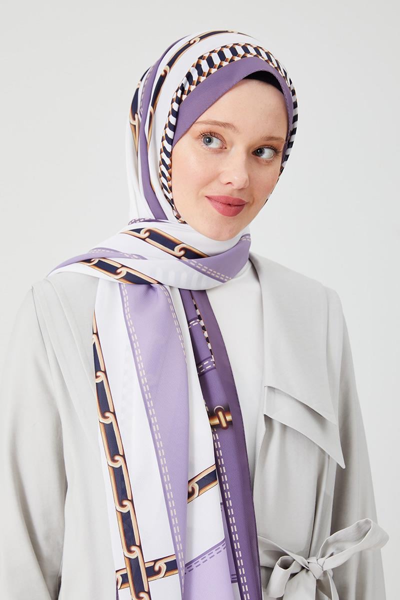 Fivescarf Lila Zincir Desen Violet Medine İpeği Şal
