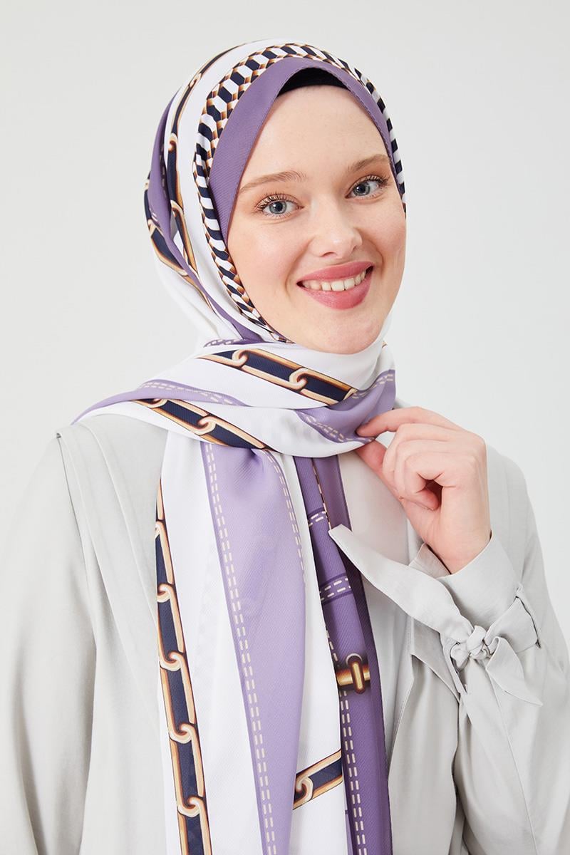 Fivescarf Lila Zincir Desen Violet Medine İpeği Şal