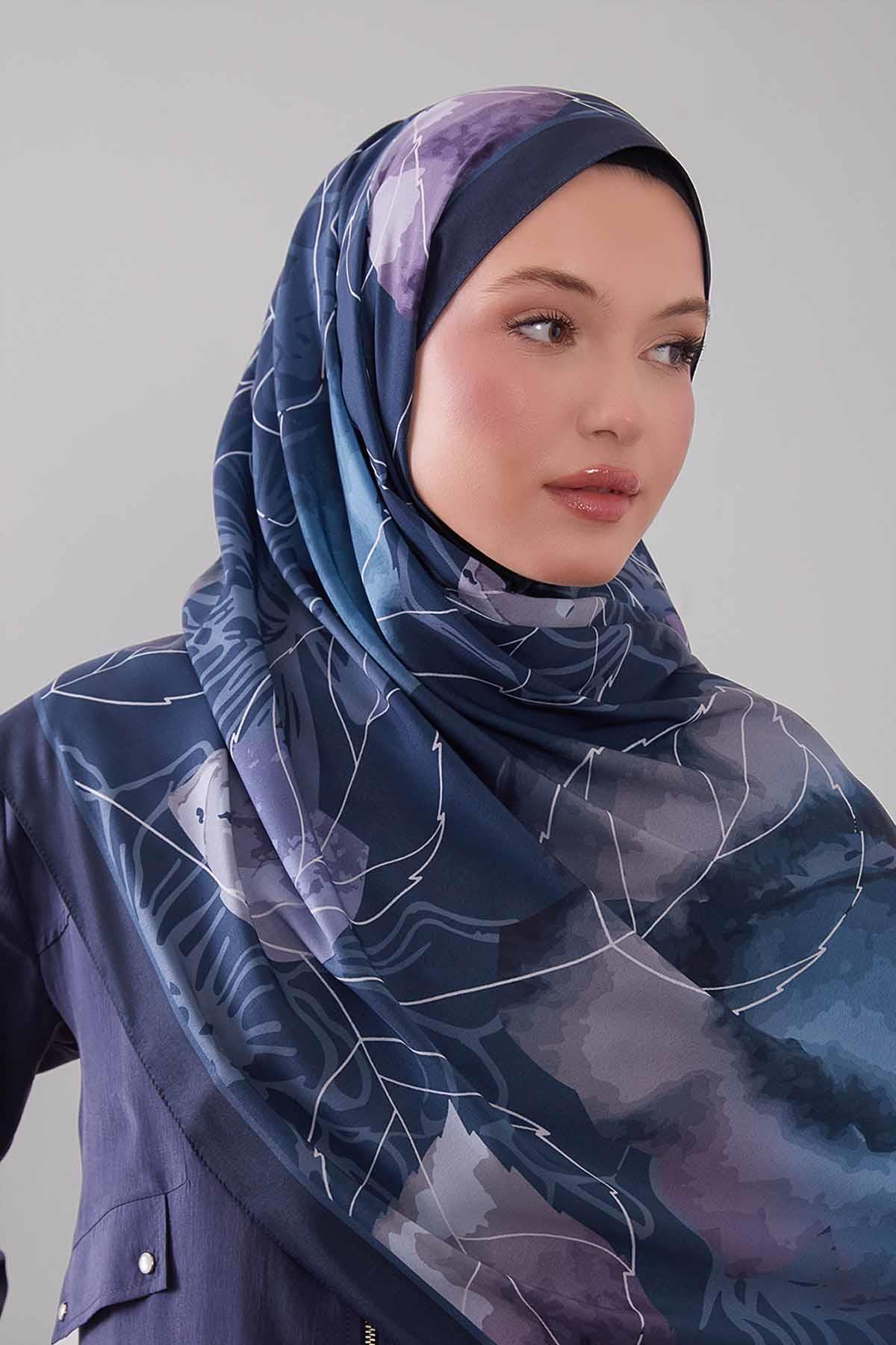 Fivescarf Mavi Akvarel Yaprak Desen Moos Chrep Şal