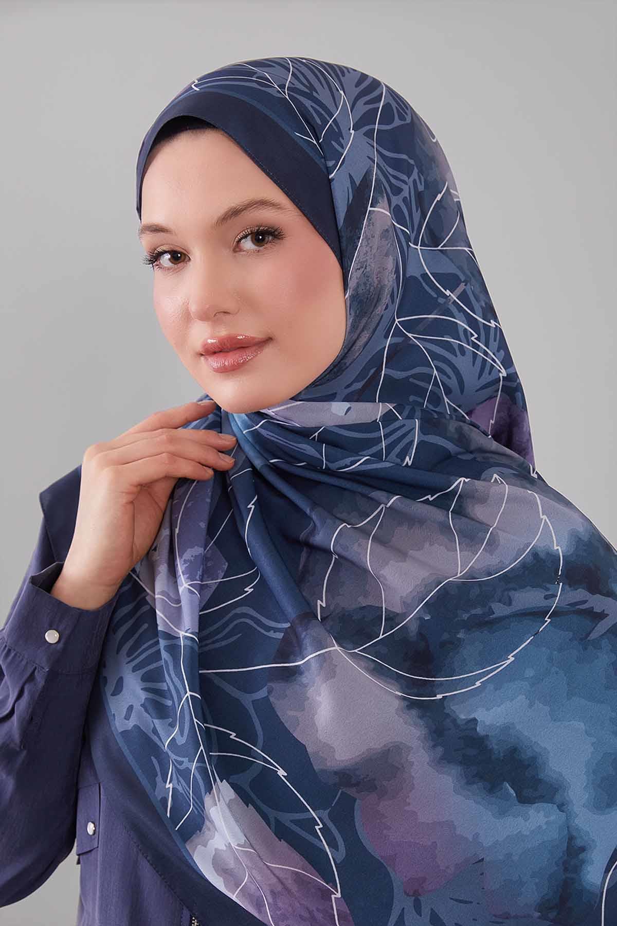 Fivescarf Mavi Akvarel Yaprak Desen Moos Chrep Şal