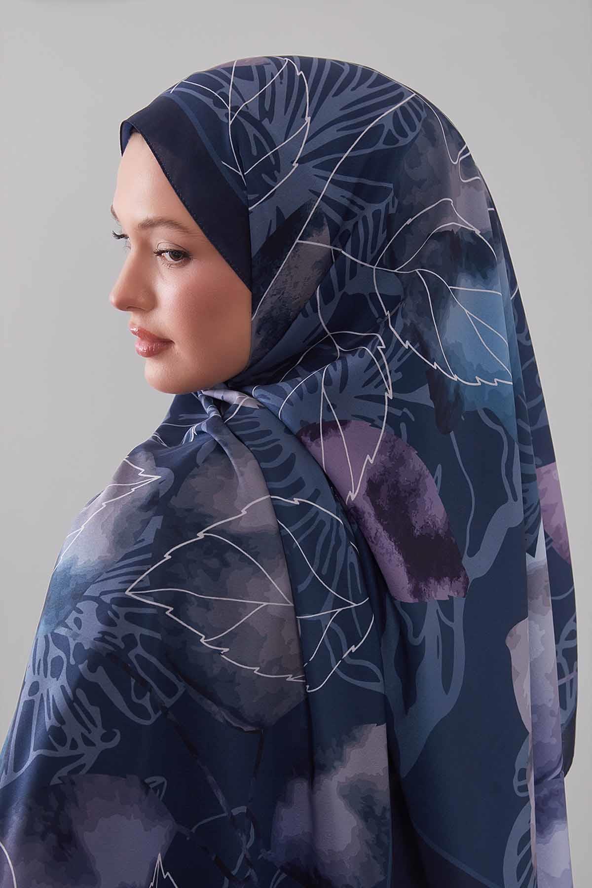 Fivescarf Mavi Akvarel Yaprak Desen Moos Chrep Şal