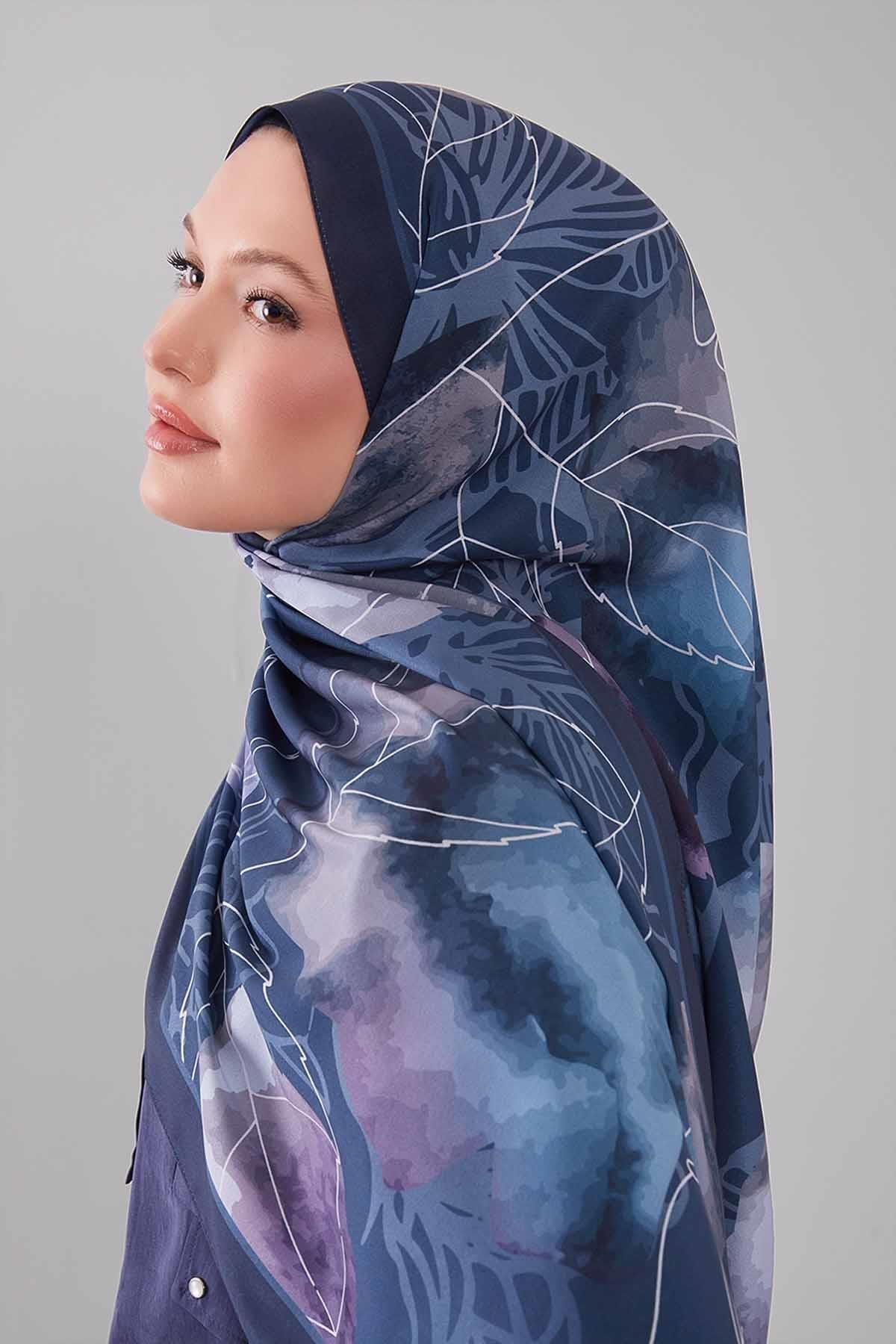 Fivescarf Mavi Akvarel Yaprak Desen Moos Chrep Şal