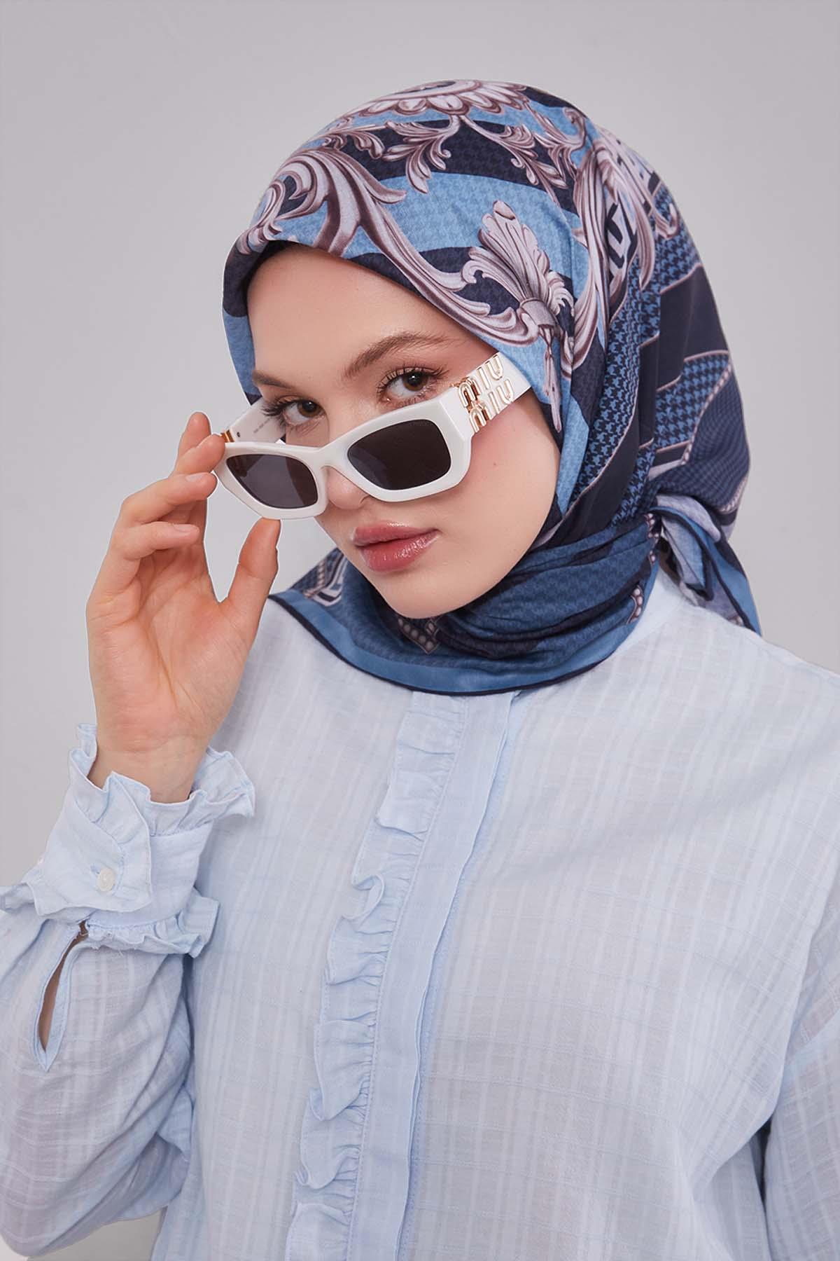 Fivescarf Mavi Boncuk Desen Silk Coton Eşarp