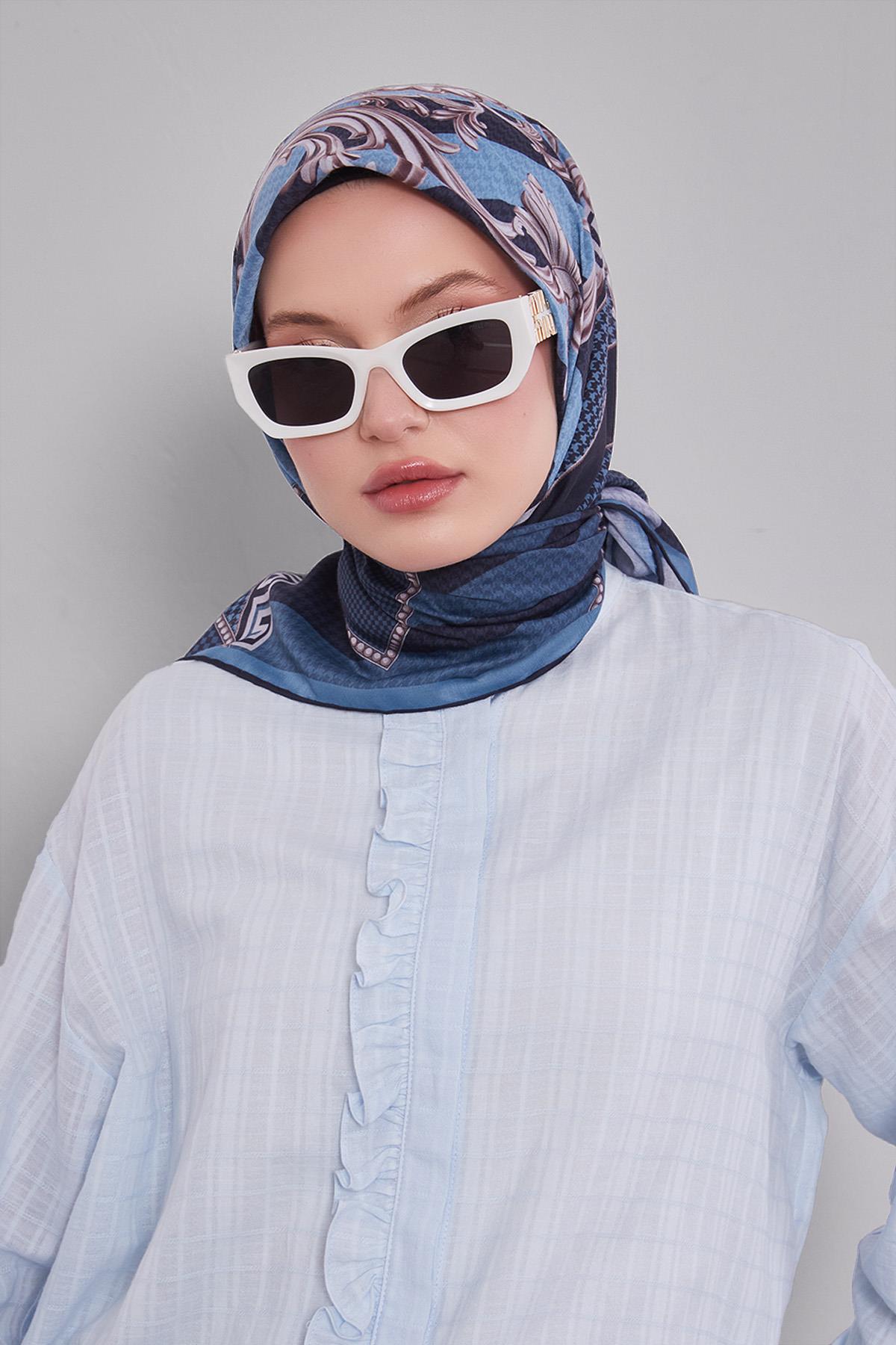 Fivescarf Mavi Boncuk Desen Silk Coton Eşarp