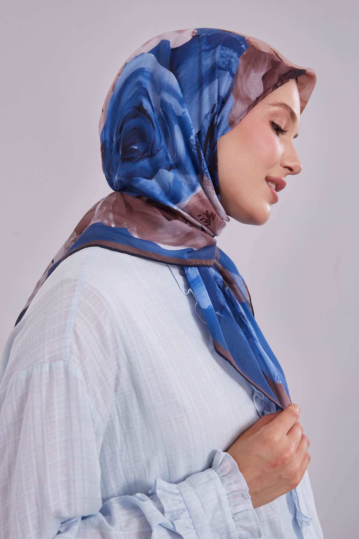 Fivescarf Mavi Çiçek Desen Slik Coton Eşarp