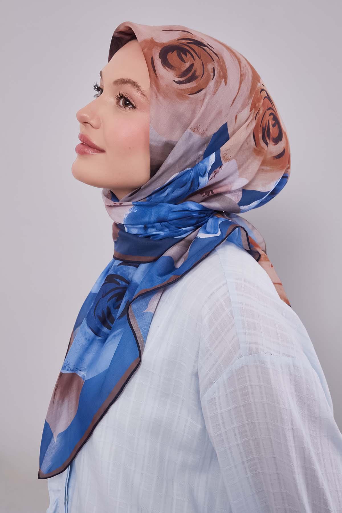 Fivescarf Mavi Çiçek Desen Slik Coton Eşarp