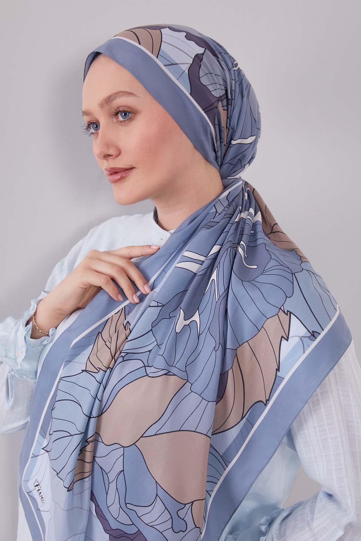 Fivescarf Mavi Çiçekli Floral Desen Moos Chrep Şal