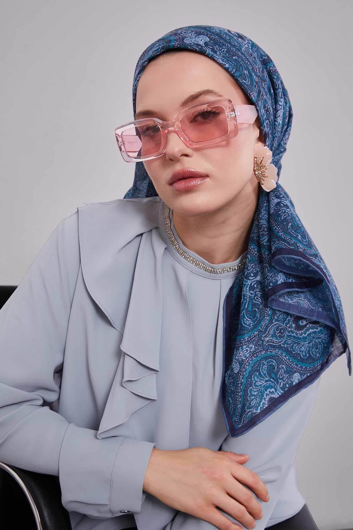 Fivescarf Mavi Çini Desen Silk Coton Eşarp